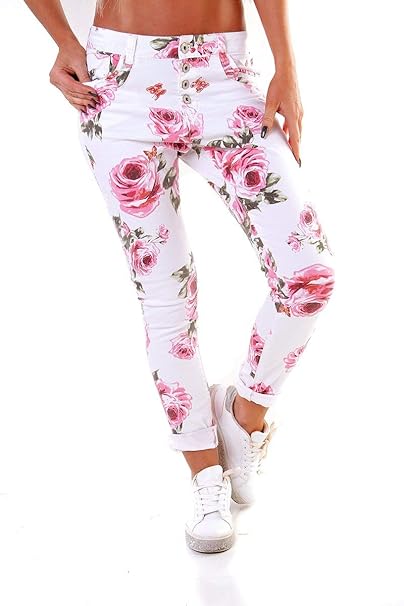 OSAB-Fashion 10255 LEXXURY Damen Hose Skinny Chino Treggings Stretch Pants Baumwolle Blumen Knopfleiste