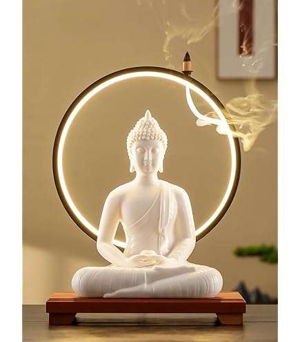 SLIDE Design：Buddha ランプ - 白 Houlu 12 in White Buddha Statue and 15.74 in LED Circle Table Lamp