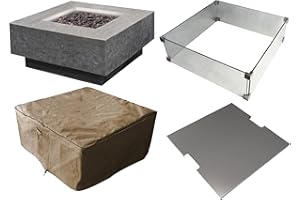 Elementi Manhattan 36" Concrete Outdoor Propane Firepit Table, 22" Square Tempered Glass Firepit Windscreen, & Stainless Steel 21" Square Table Cover