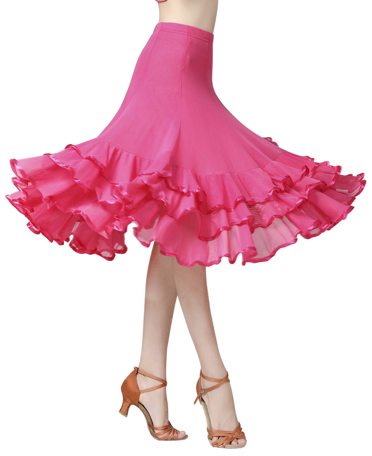 Z&X Women's Ballroom Dancing 365 Degree Long Swing Latin Salsa Rumba Flamenco Dance Skirts for Practice Rose Red