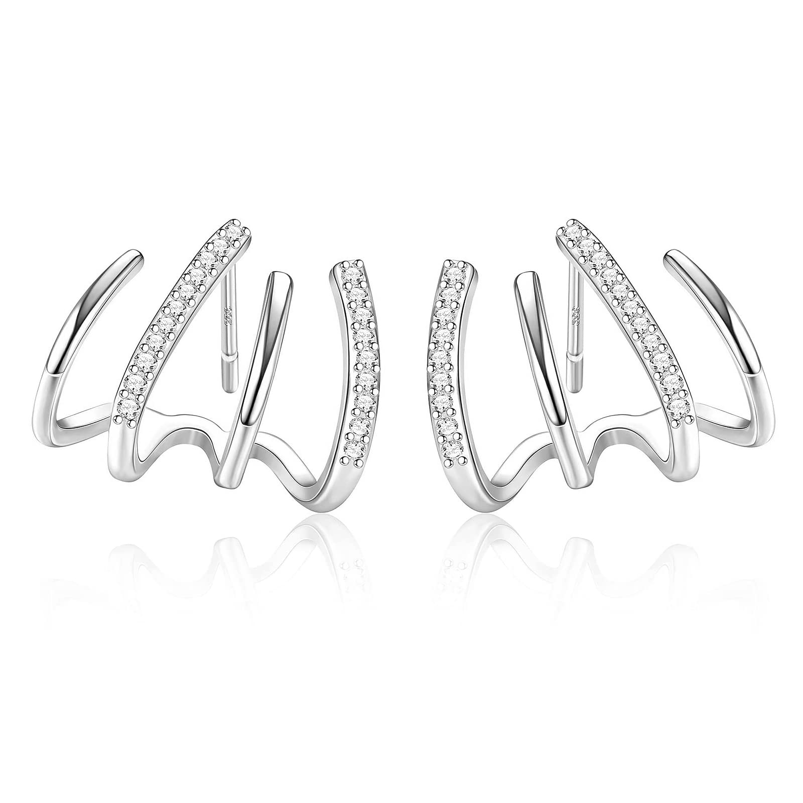 925 Sterling Silver Ear Cuff Earrings for Women Claw Earrings Gold Studs Earrings for Women Cubic Zirconia Diamond Hypoallergenic Ear Piercing Earrings Illusion Earrings 4 Prong Wrap Earings for Girls