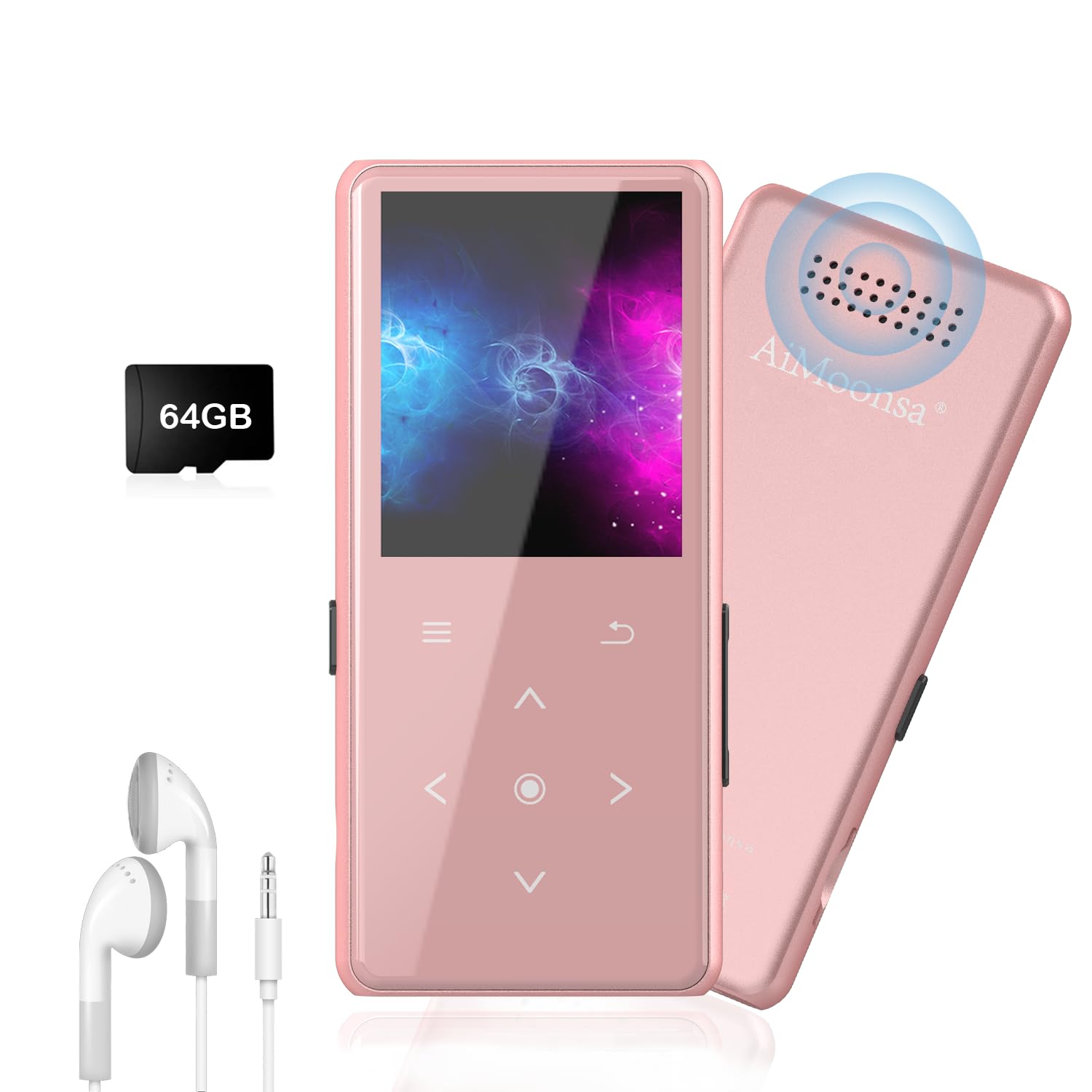 64GB MP3 Player with Bluetooth 5.2, AiMoonsa Music Player with Built-in HD Speaker, FM Radio, Voice Recorder, HiFi Sound, E-Book Function, Rose Gold