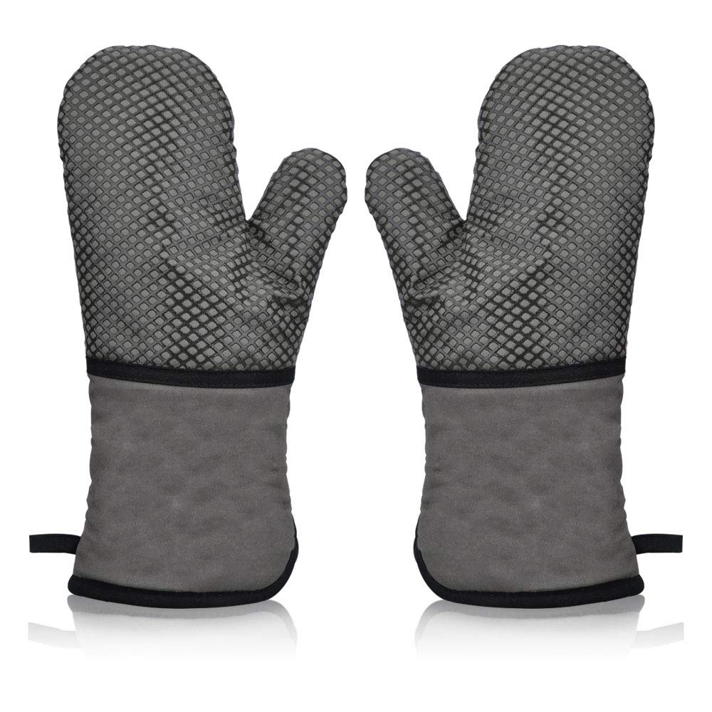 AYADA Oven Gloves Silicone 2 Pack, Cotton Quilted Long Large Thick Soft Non Slip Kitchen Oven Mitts for Chef Bakers Cooking Baking Pizza Cookie Microwave (Grey,1 Pair)