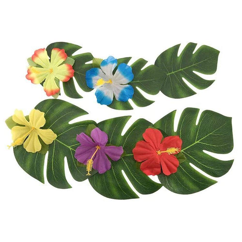 Coodoo 1pcs Palm Leaves And Hawaiian Hibiscus Flowers Tropical Party Decorations Set Artificial Leaves Greenery Decor Jungle Theme Party Supplies For Hawaiian Luau Party Birthday Baby Shower Beach Artificial Plants Greenery