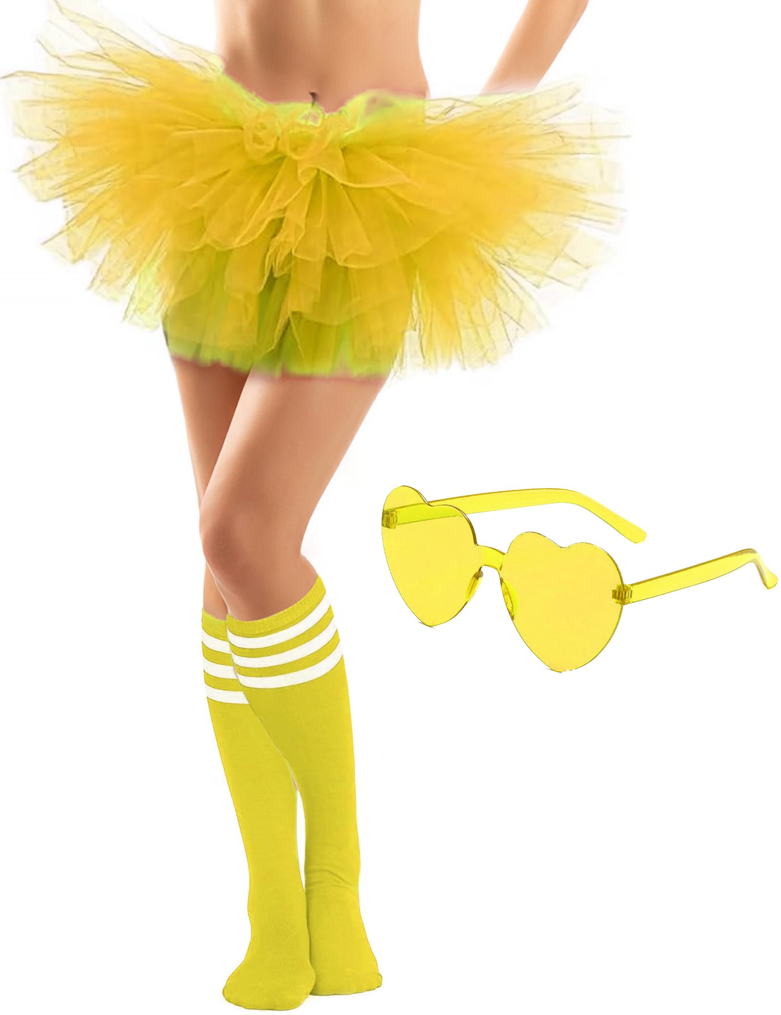 Photo 1 of Adult Tutus for Women, 5 Layered Tulle Tutu Skirt Set with Heart Sunglasses and Knee High Socks Colorful Party Favors (Yellow)