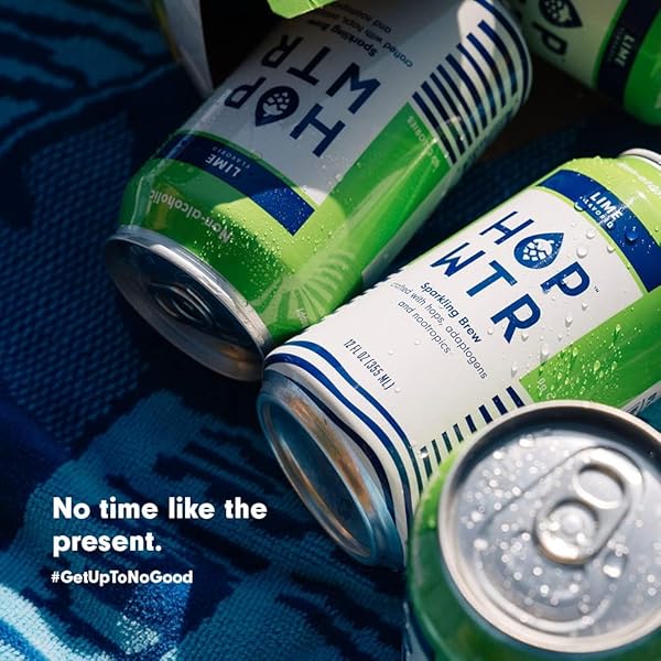 HOP WTR SPARKLING HOP WATER, LIME 12 PACK, SUGAR FREE, LOW CARB NON ALCOHOLIC DRINKS, NA BEER, ADAPTOGEN DRINK, NO CALORIES, ADAPTOGENS & NOOTROPICS FOR ADDED BENEFITS, 12 OZ CANS