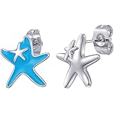 Soumimi Asymmetrical Starfish Stud Earrings Enamel Blue Starfish Earrings Hypoallergenic Ocean Animal Earring Gift for Women