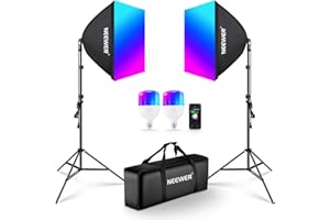 NEEWER RGB Softbox Lighting Kit with App Control & 9 Effect Modes, 2 Pack 26W FCC/IC/UL Certified LED Bulbs CRI93+ TLCI98+, E26 Porcelain Sockets, 24" Softboxes, for Studio Photography Lighting, NK800
