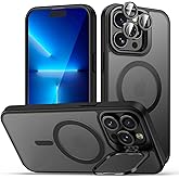 TOBOVON for iPhone 13 Pro Max Case, Compatible with MagSafe, 3-in-1 Camera Ring Stand, with 9H Camera Lens Cover, Non-Slip Translucent Matte Military-Grade Drop Protection Magnetic Case, Black