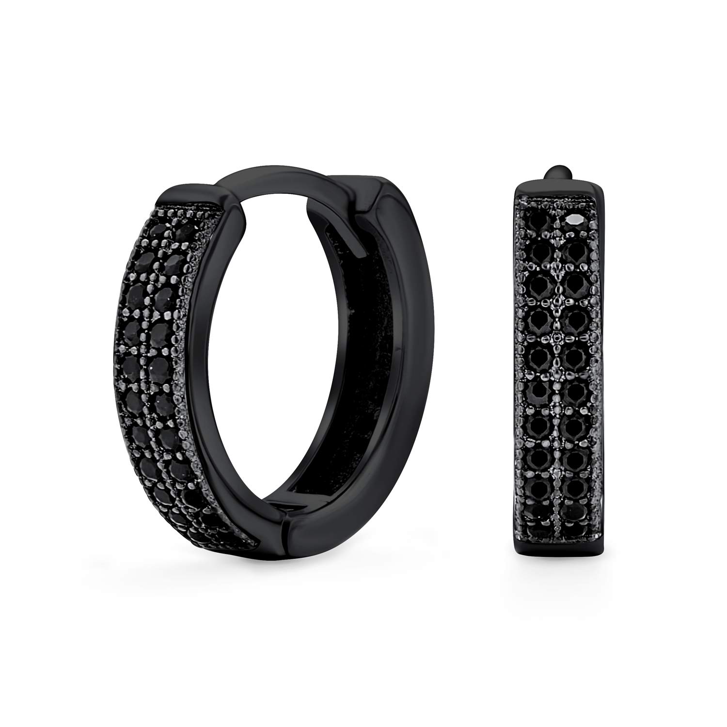 Unisex Black Pave CZ Cubic Zirconia Micro Pave 2 Row Slender Huggie Hoop Earrings For Women Teens Men Cubic Zirconia IP Black .925 Sterling Silver .30 Diameter — image 1