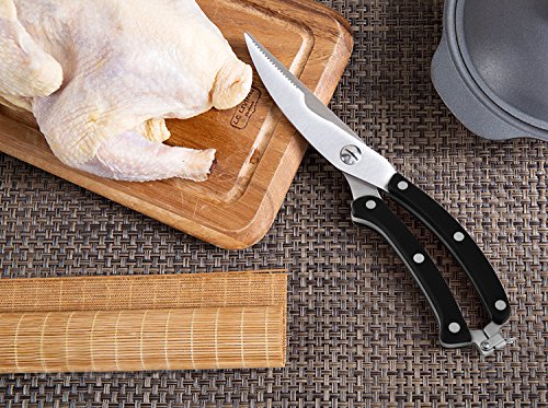 Kitchen Scissors Heavy Duty Stainless Steel Spring Loaded Shears Sharp Blade Safety Clip Rust Free Comfortable Handle- Great for Poultry, Fish, Chicken, Beef, BBQ, Herbs & Plastic