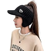 YUSSTAR Open Beanie with Earflaps Visor Brim Bun Ponytail Winter Golf Tennis Hats Women