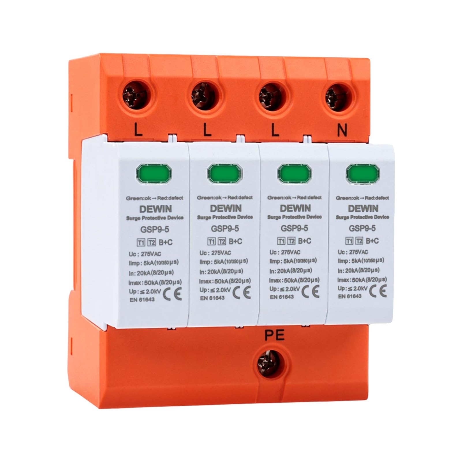 DEWIN Überspannungsschutz Hutschiene GSP9-5 Surge Proctor SPD Ableiter T1+T2(B+C) 4P AC 275V 5KA DIN-Schiene Überspannungsschutzgerät