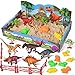 FUN LITTLE TOYS 29 PCs Dino Play Sand Set for Kids with Sandbox, Dinosaur Figure Toys, Dinosaur Molds Tools, Beach Sensory Toys Gifts for Toddlers Kids Boys Girls