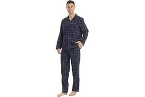 KROFZOPW Mens Flannel Pajamas Set Cotton Plaid Pjs Button Down Warm Soft Lounge Sleepwear Top & Pj Pants with Pockets