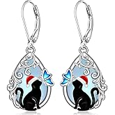 Black Cat Earrings for Women Moonstone Cat Earrings Christmas Earrings Sterling Silver Cats Butterfly Dangle Earring Christmas Jewelry