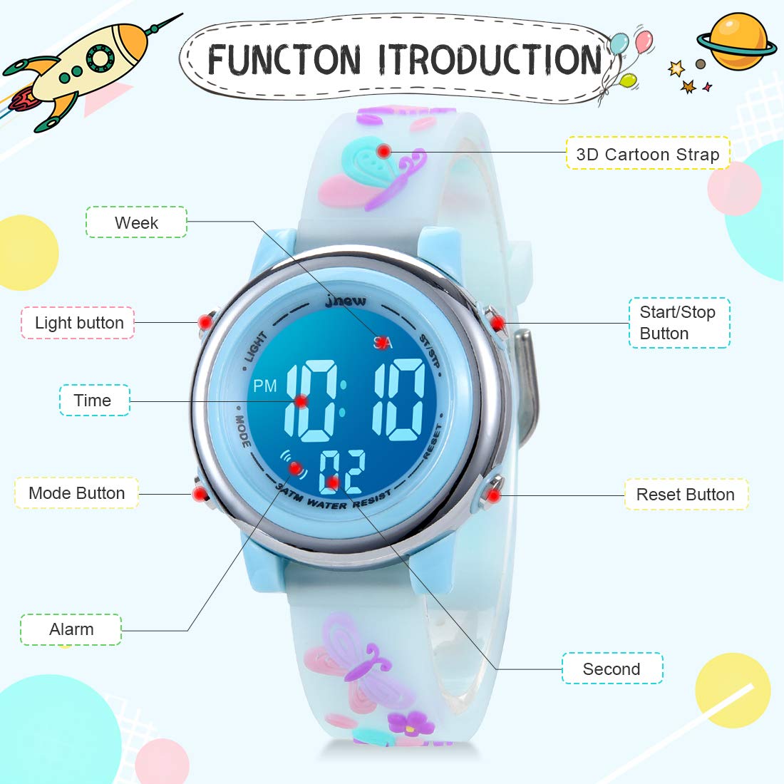 jianxiang Kids Digital Sport Watches for Girls Boys, Waterproof Outdoor LED Timer with 7 Colors Backlight 3D Cartoon Silicone Band Child Wristwatch