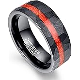 NUNCAD 8mm Tungsten Rings for Men Black Hammered Wedding Bands Red Opal Inlaid Tungsten Ring Polished Edge Comfort Fit Men Women Size 7-12