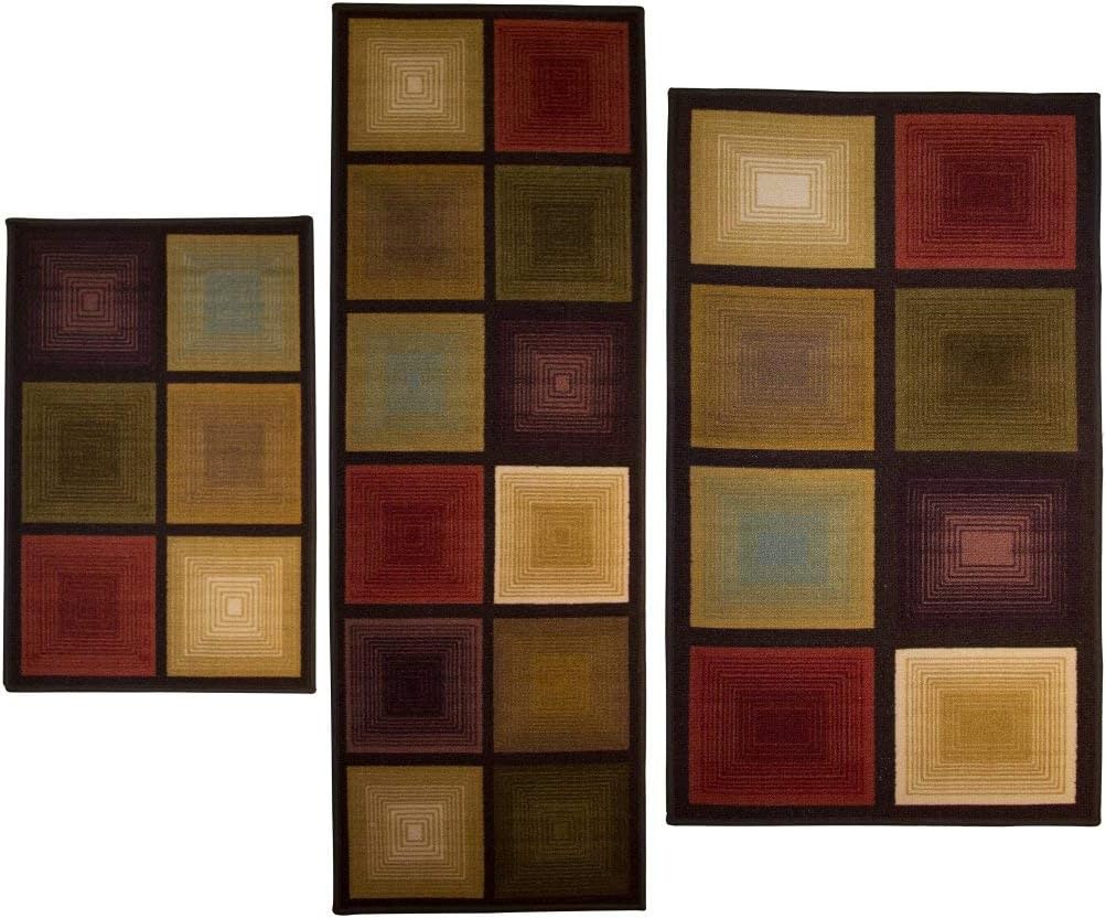 Optic Squares 3 Piece Rug and Runner Set with Non-Skid Backing. Perfect for Kitchen, Living Room, Hallway and More.