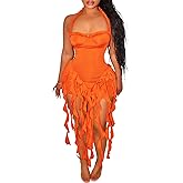Ecirod Womens Summer Ruffle Fringe Mini Dress Sexy Halter Backless Cocktail Party Short Bodycon Tassel Dresses
