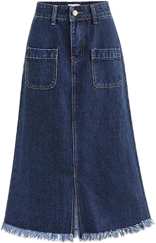 High Waist A Line Denim Skirt Split Fringe Hem Midi Jean Skirt