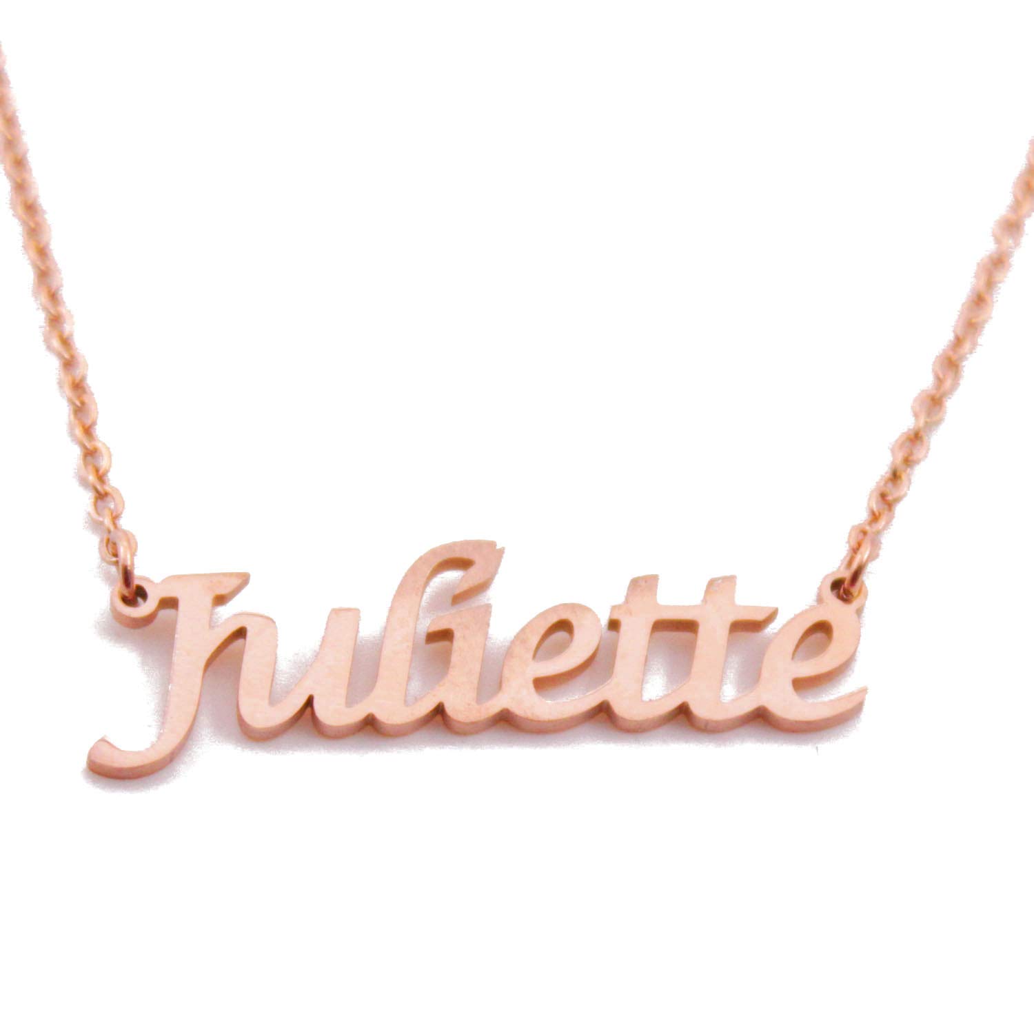 Kigu Juliette Name Necklace Personalised 18ct Rose Gold Plated, Custom Dainty Name Pendants, Jewellery for Ladies, Girlfriend, Mother, Sister, Friends Inc Bag & Box