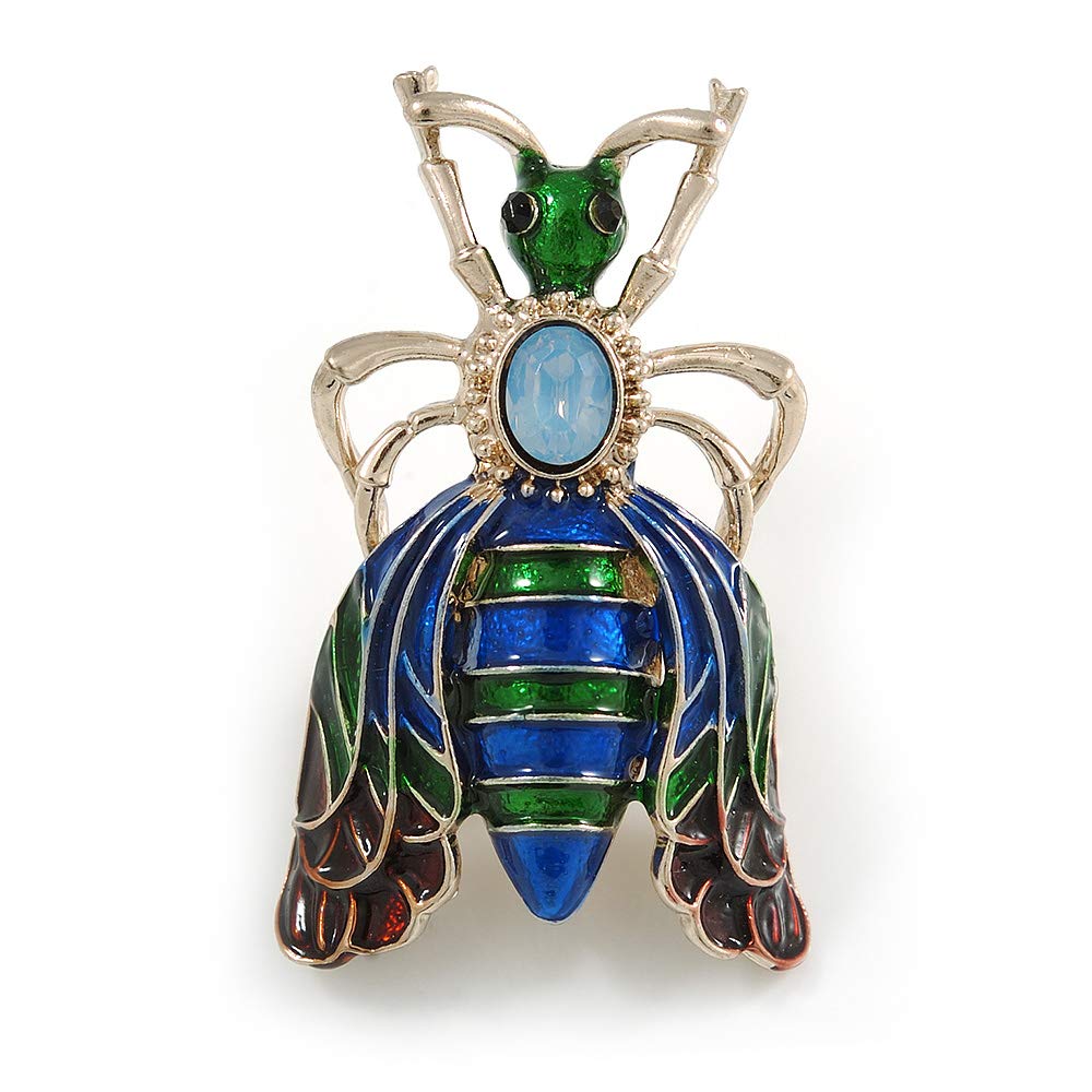 Funky Green/Blue Enamel Moth Brooch In Gold Tone - 50mm Tall