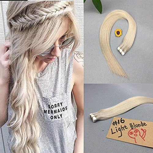 22inch 20 Pcs Human Hair Seamless Tape in Hair Extension 100% Remy Brazilian Human Hair Extensions Glam Seamless Tape Hair Extensions 50g Per Package(#16 Light Blonde)