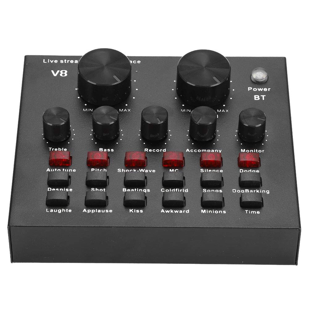V8 Audio Sound Card, Black External Bluetooth Audio Mixer, Portable PC Karaoke Live Broadcast DJ Sound Controller, Multi-Voice Changing Sound Card, 7 Kinds of Connection Methods etc.