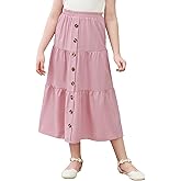 GORLYA Girls Casual Button Front Ruffle Hem Elastic High Waist Long Swing Tiered Maxi Skirt for 6-16Y