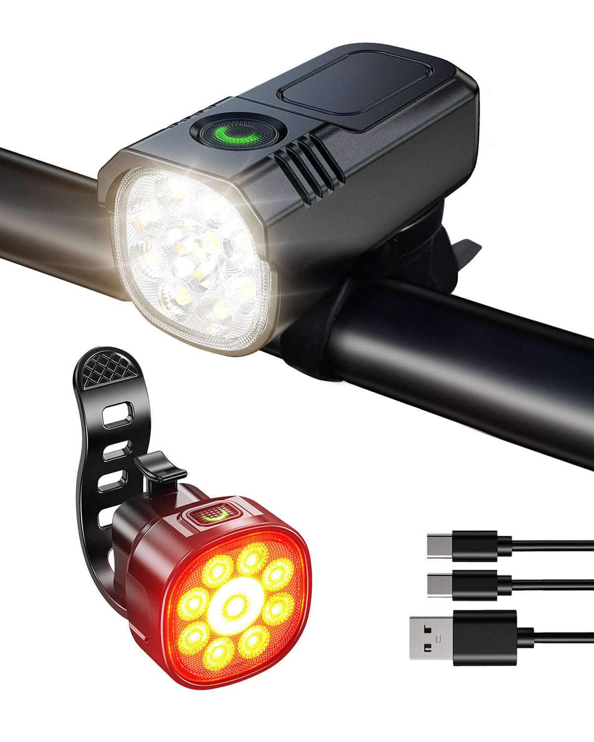 Bike Lights Front and Back 9 LED Bike Lights featuring IP65 waterproofing rechargeable set for prolonged use lightweight 8-hour running time bicycle lights perfect for road and mountain night riding