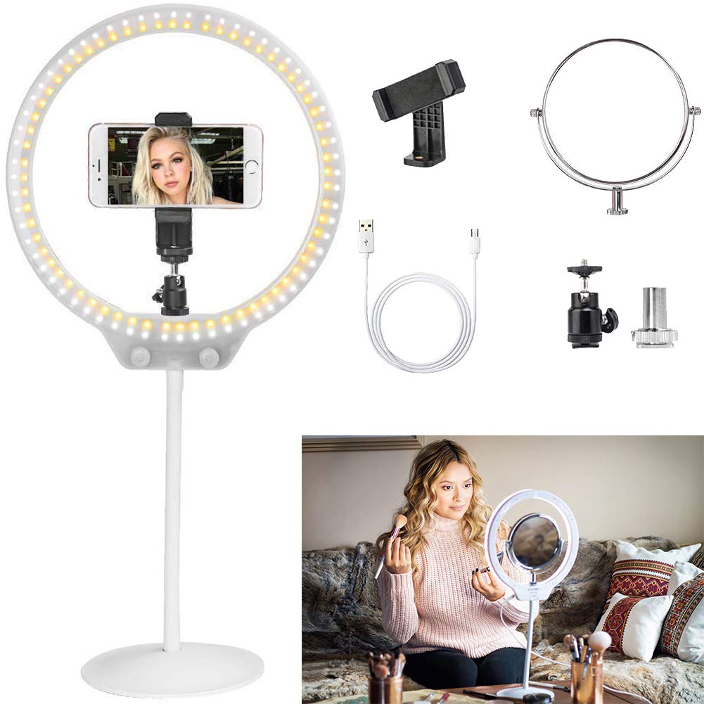 ZOMEI 10 Inch LED Tabletop Ring Light for Makeup with Mirror, Phone Holder, Hot Shoe (White)