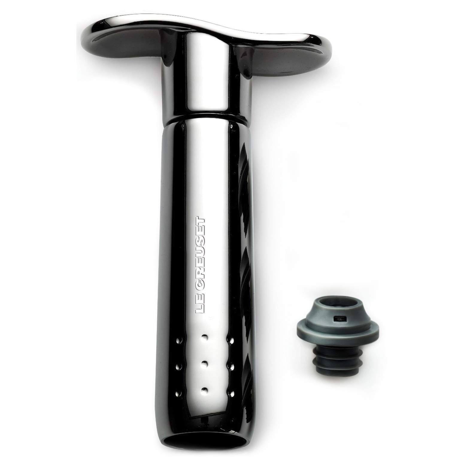Le Creuset Wine Accessories Metal Wine Pump and 3 Stoppers, Black Nickel, 59014016001625