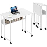 IDEALHOUSE Folding Desk with Wheels and Storage Shelf, Mobile Foldable Computer Table, Folding Rolling Laptop Table for Small