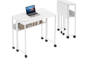 IDEALHOUSE Folding Desk with Wheels and Storage Shelf, Mobile Foldable Computer Table, Folding Rolling Laptop Table for Small