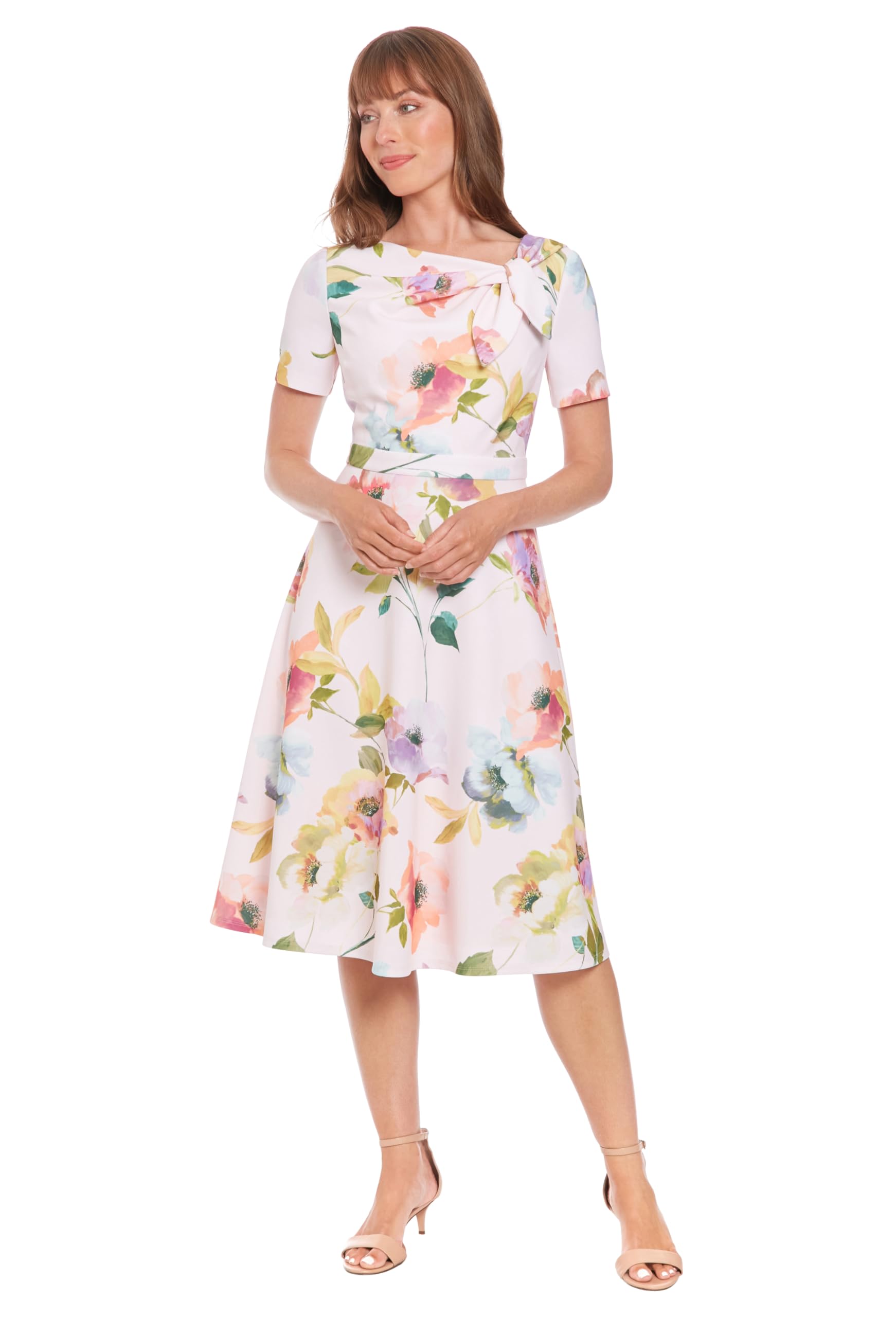 Photo 1 of London Times Women's Dresses Women's A-Line Midi Dress - Short Sleeve Fitted Waist with Bow Detail - Versatile Floral Dresses, Cream/Blue, 16