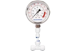 MEASUREMAN Lead-Free Glycerin Filled Reverse Osmosis Pressure Gauge, Purified Water Pressure Gauge, 2-1/2" Dial Size 1/4" Lower Mount, 0-220Psi/Mpa, with PU Tube Connection