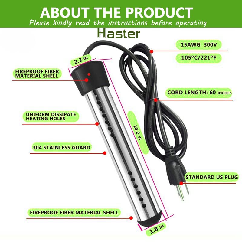 HASTER 1500W Portable Immersion Water Heater - Auto Shut-Off At 158°F For Pools & Tubs