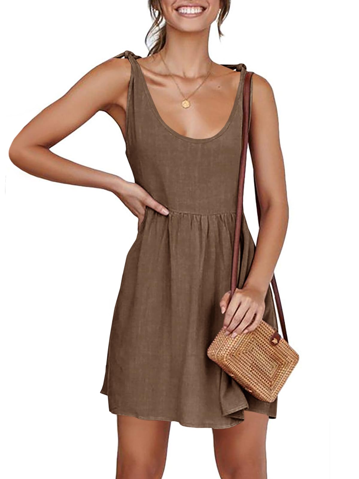 Photo 1 of CNJFJ Women's Shoulder Tie Strap Summer Dress Casual Babydoll Scoop Neck A-Line Skater Swing Mini Sundress Brown