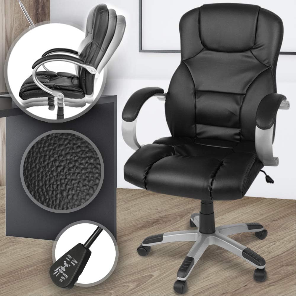 MIADOMODO Ergonomic Office Chair - Height-Adjustable Seat, Swivel 360°, Black Faux Leather, Arms and Back Support, Recline, Max. Load Capacity 120 kg - Computer Desk, Workstation, Gaming Furniture