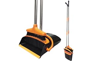 QPEY Broom and Dustpan Set for Home, Dust Pan with Long Handle 49.2" Broom with Dustpan Combo Set for Restaurant Kitchen Office Bedroom (Black-Orange)