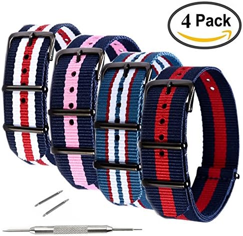 Demes 4 Pack Nylon Watch Strap - Choice of Colors &amp; Widths 18mm or 20mm - Premium Ballistic Nylon Watch band with Black Stainless Steel Buckle