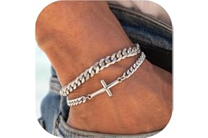 MosFlor Silver Cuban Link Bracelet for Men,Stainless Steel Cross Charms Bracelets Set Chunky Cross Cuban link Bracelet Stack Non Tarnish Adjustable Mens Jewelry to Dad Father'S Day Gifts