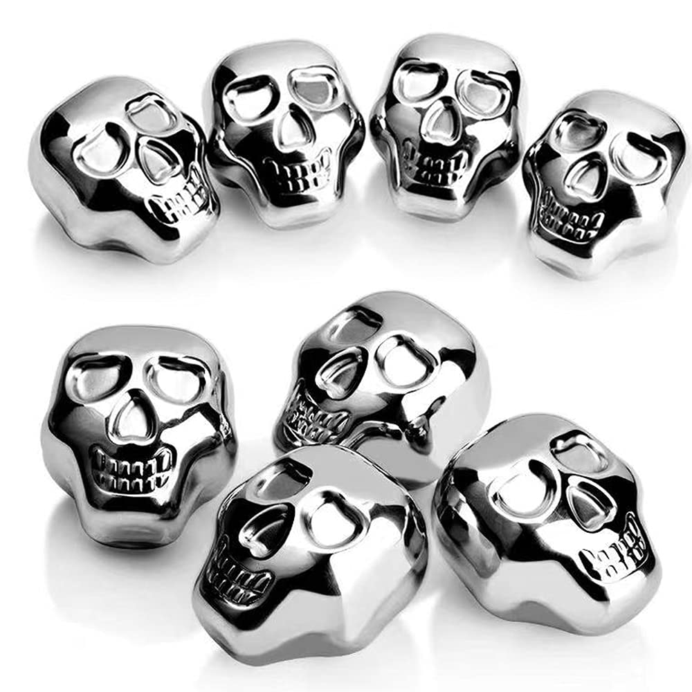 Whiteswallow Reusable Stainless Steel Ice Cube Metal Whiskey Stones for Drinks Skull Shaped Set of 6