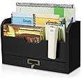 Flexzion 3 Tier Wooden Desk Organizer - Country Rustic Mail Organizer Countertop Compartments Slot File Tray Pencil Sorter Shelf Holder Accessories Set with Storage Drawer for Home Office, Light Brown