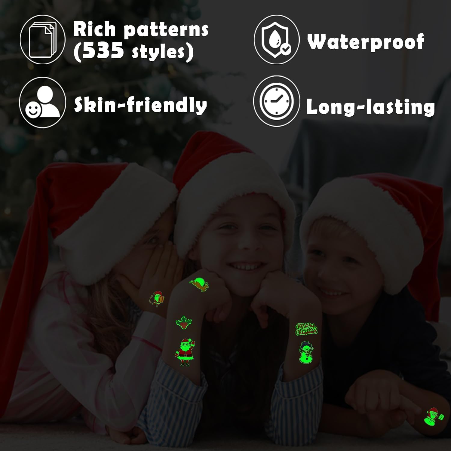 Partywind 56 Sheets (535 Glow Styles) Christmas Temporary Tattoos Party Decorations, Luminous Christmas Holiday Party Supplies for Kids Stocking Stuffers, Tattoo Stickers for Xmas