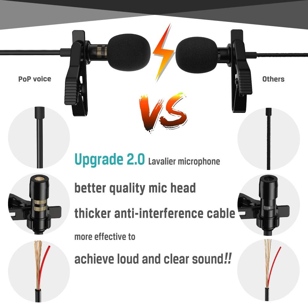 PoP voice Professional Lavalier Lapel Microphone Omnidirectional Condenser Mic for iPhone Android Smartphone,Recording Mic for Youtube,Interview,Video: Musical Instruments