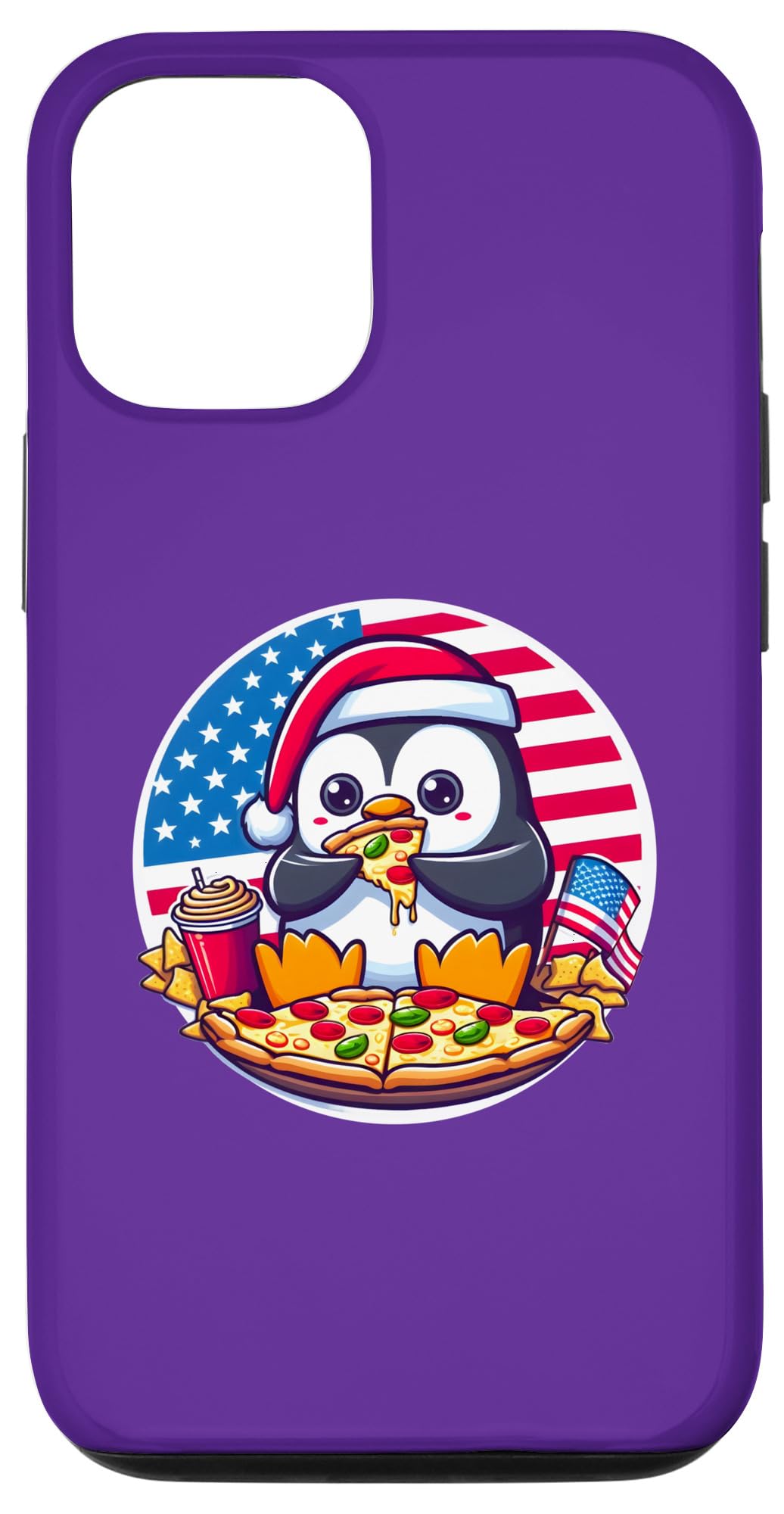 iPhone 15 Penguin Eating Pizza with American Flag Case