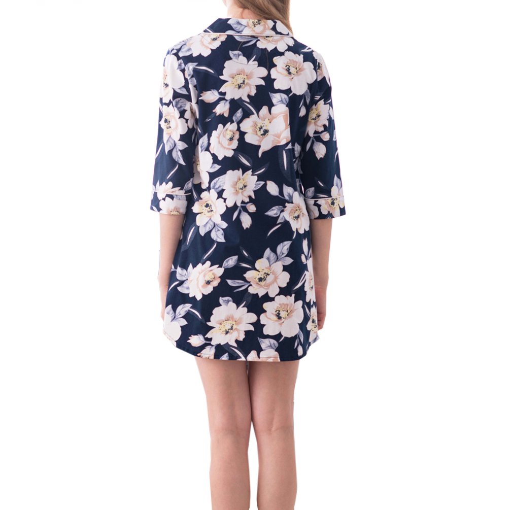 ENJOYNIGHT Women's Sleep Shirt 3/4 Sleeves Pajama Top Button-Front Nightshirt (US (8,10)=Tag L, Floral)