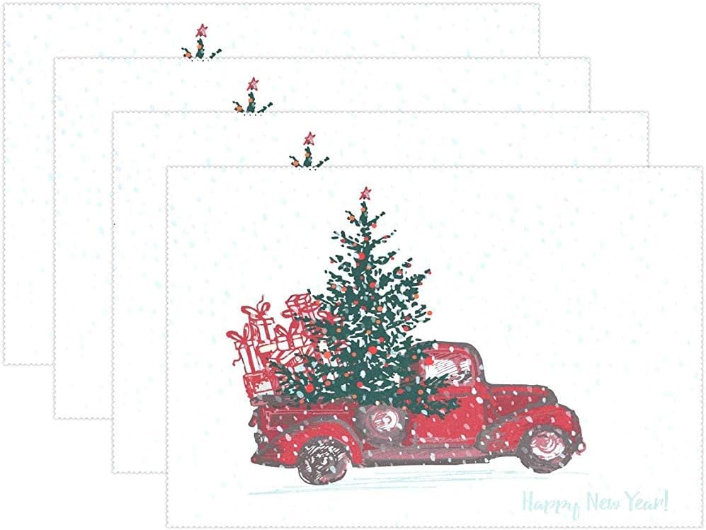 GuyIvan Christmas Red Truck Car Tree Snow Placemats Table Mats Placemat Set of 6, Winter New Year Place Mats Kitchen Tablemats
